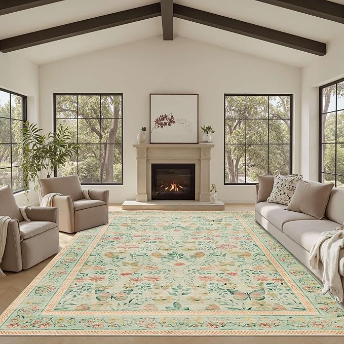Floral Rug for Living Room Bedroom, 8x10 Washable Rug, Green Vintage Boho Area Rug, Large Non Slip Low Pile Wool Carpet for Indoor Dining Room,Girls Room,Nursery Room and Kids Room(Green 8x10)