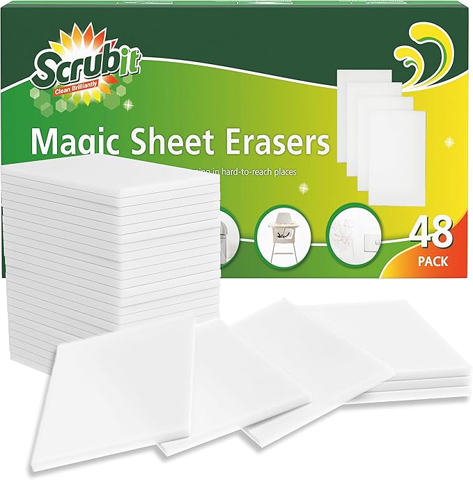 SCRUBIT Magic Sponge Eraser Sheets – 48 Pack Disposable Magic Eraser Wipes - for Cleaning Dishes, Shoes and Bathroom Shower & Sink - Melamine Sponges for Hard to Reach Spaces