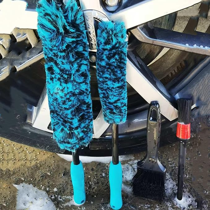 4PCS Wheel Brush Kit for Cleaning Wheel and Tire, Wheel and Rim Brush, Car Detailing Brushes, 360 Degree Bendable & Durable Car Wheel Rim Cleaner Brush Set (Blue)