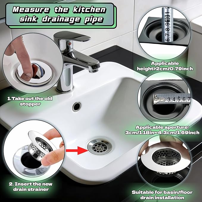 2-Pack Stainless Steel Drain Filter for Bathtub, Shower & Sink – 1.97” Universal Hair Catcher, Clog Preventer for Tub, Floor Drain, Bathroom Sink, Kitchen Sink – Easy Clean, Fast Flow, Odor & Guard