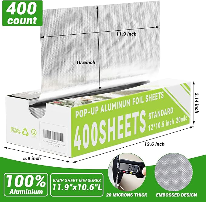 Aluminum Foil Sheets, 400 Count Tin foil,12" x 10.6" Pre-Cut Pop-Up Dispenser for Food Wrap, Hot Dog or Sandwich Wrap,Food Storage, Baking, Catering, Restaurant,Kitchen Use (Silver, 12 Inch)