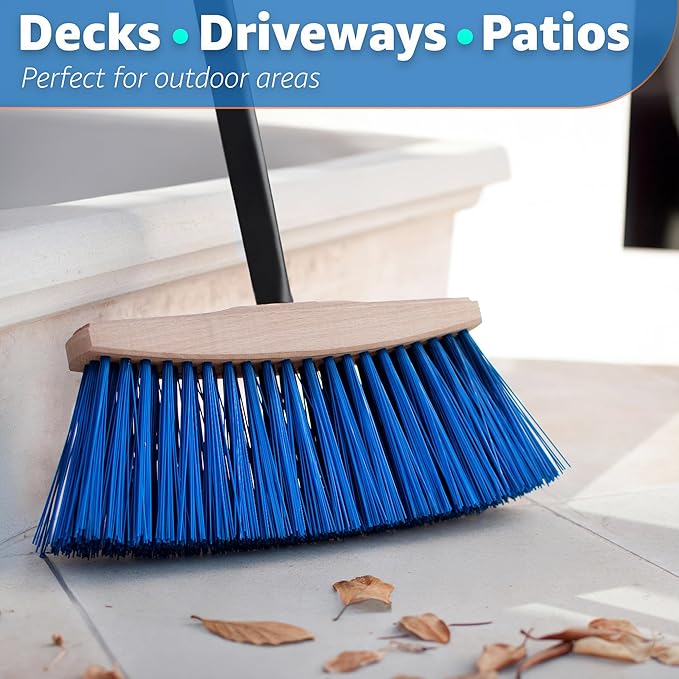 Outdoor Broom Head - Heavy Duty 9.85" Sweeping Wooden Broom Head with Stiff Bristles - Fits Standard 3/4" Threaded Handles - Ideal for Concrete Walkway, Patio, Deck, Driveway & Garage