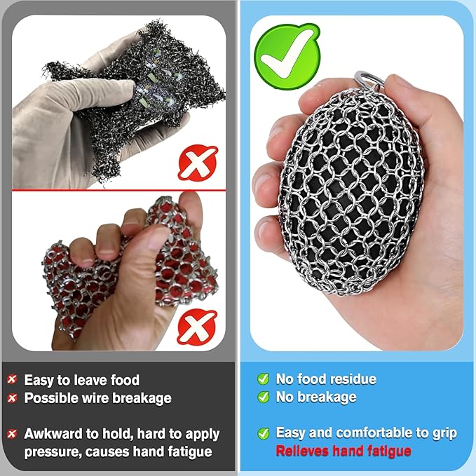 Cast Iron Scrubber & Scraper Set with Hook - Ergonomic 316 Chainmail Scrubber for Cast Iron Skillets, Dutch Oven, Baking Sheet, Crock Pot, Grills & More - Black Single Ring
