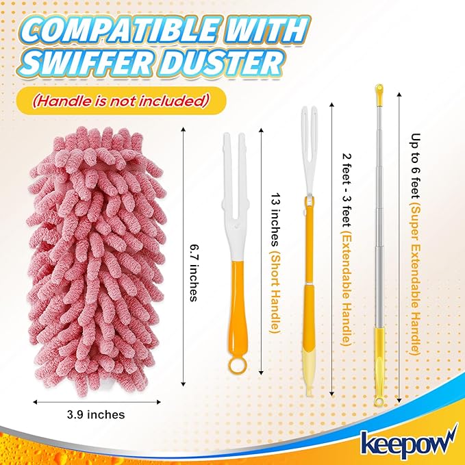 KEEPOW 6 Pack Pink Duster Refills Compatible with Swiffer Duster Handle, Reusable Microfiber Pads Compatible with Swiffer Heavy Duty Dusters, 360 Dusting for Cleaning Window(Handle is Not Included)