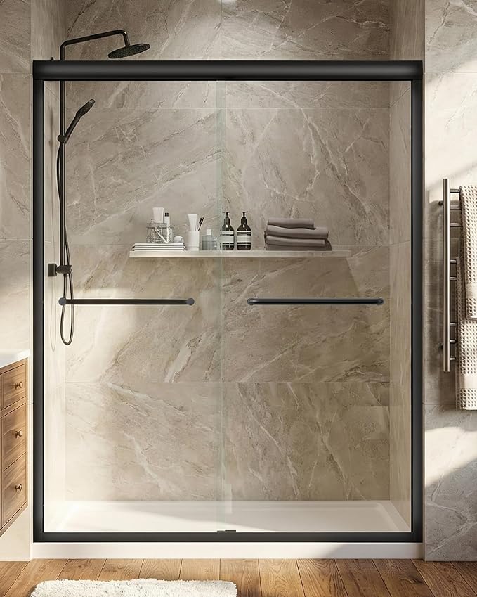 Shower Door 56-60'' W x 72'' H Semi-Frameless & Double Sliding, 1/4 inch (6mm) Thickness Clear Tempered Glass for Walk-in Shower, Matte Black