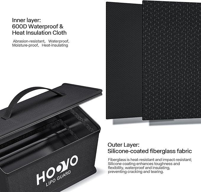 HOOVO Lipo Bag, Fireproof and Explosionproof LiPo Battery Bags - Large Capacity LiPo Guard Safe Pouch Adjustable for 10 - Cell LiPo Storage & Charge (10.6"x 6.7" x 6.7")