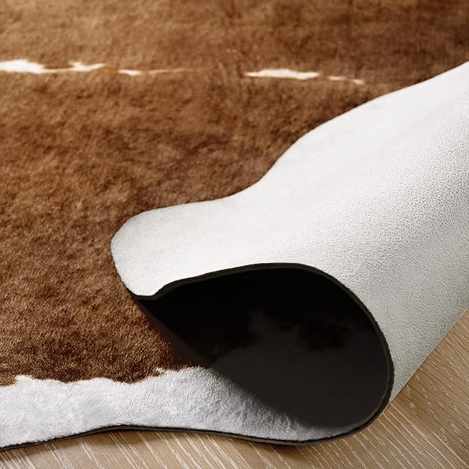 Amearea Faux Cow Hide Rug Large, Premium Western Home Decor Cow Print Rugs, Faux Leather Animal Cowhide Bedroom Carpet, Dining Traditional Cow Pattern Stuff Carpet, Brown 7x6.2 Feet