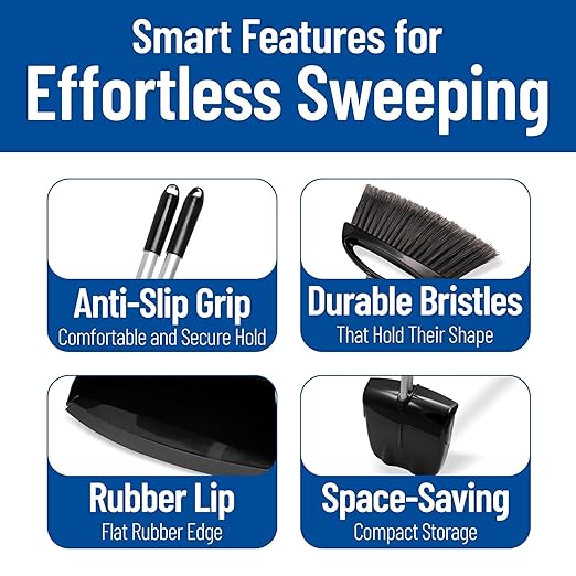 Carlisle FoodService Products Duo-Pan Upright Dust Pan and Broom Set with Adjustable Broom Head for Floor Cleaning, Restaurants, and Janitorial Use, 36 x 11.8 x 41 Inches, Black (Pack of 4)