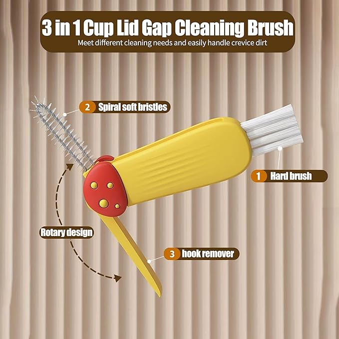 3 in 1 Cup Lid Gap Cleaning Brush Multifunctional Bottle Cleaning Brush for Water Bottle Cup Lid Gap for Gaps of Various Containers (Yellow Blue(Mushroom))