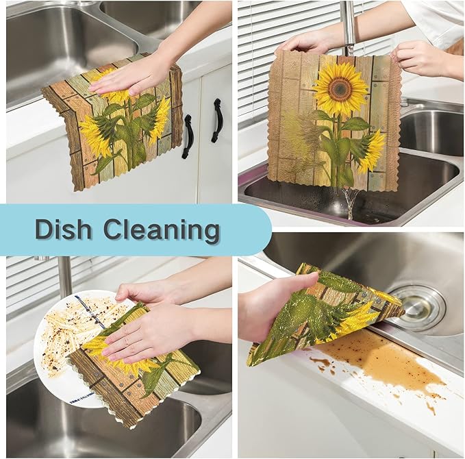 ALAZA Dish Towels Kitchen Cleaning Cloths Sunflower On Wooden Board Vintage Dish Cloths Super Absorbent Kitchen Towels Lint Free Bar Tea Soft Towel Kitchen Accessories Set of 6,11"x11"