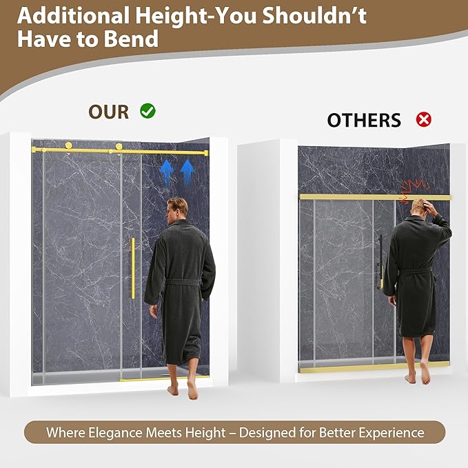 Frameless Glass Shower Door, 55-60" W x 76" H Sliding Frameless Shower Door, 1/4''(6mm) SGCC Tempered Glass, Explosion-Proof Film Nano Coating, Stainless Steel Hardware, Brushed Gold