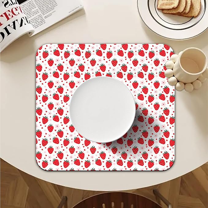 Strawberry Dish Drying Mat - Summer Strawberry Absorbent Dish Drying Mat for Kitchen Counter, Coffee Maker Mat for Countertops, Dish Rack Drainer Mat, Strawberry Kitchen Decor 16x17.5 Inch