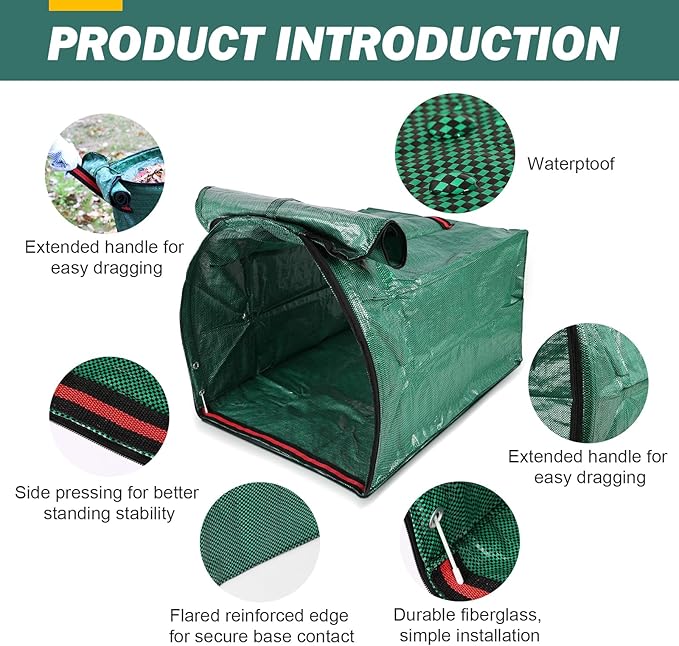 2 Pack 53 Gallons Yard Waste Bags, Reusable Heavy Duty Lawn and Leaf Bags with Lid & Gardening Gloves, Large Dustpan Lawn Bags, Collapsible Garden Waste Container for Leaves Grass Clippings Debris