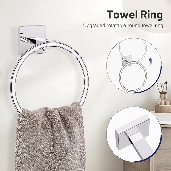 Towel Ring Set 4 Piece Bathroom Hardware Set Includes Towel Ring 2 Towel Hooks and Toilet Paper Holder Stainless Steel Wall Mounted (Polished Chrome)