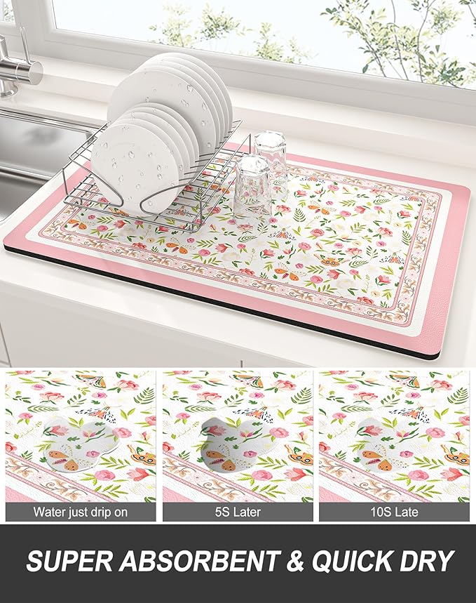 Rnivvi Dish Drying Mat for Kitchen Counter, XL 15 x 24" Cute Flower Theme Absorbent Draining Pad, Non-Slip Heat Resistant Coffee Bar Mats for Coffee Machine Station Accessories, Pink Dish Rack Pad