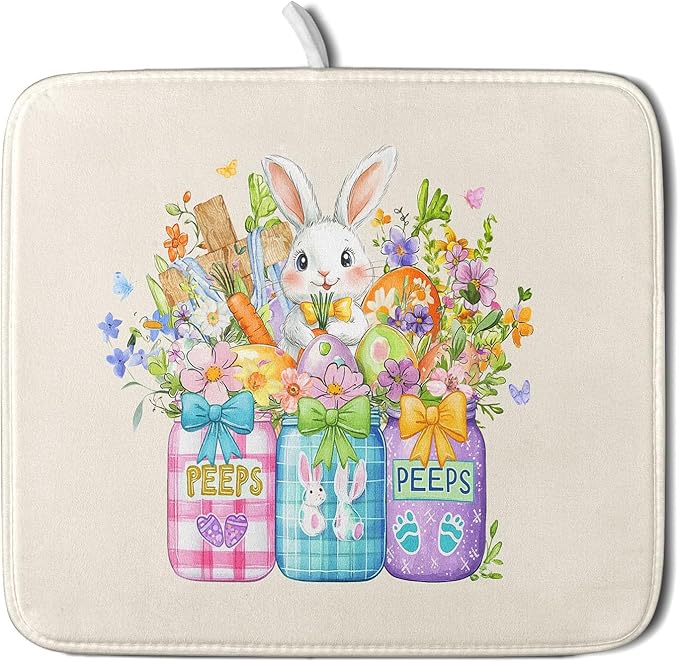 Easter Bunny Carrots Dish Drying Mat for Kitchen Counter,Spring Colorful Flowers Mason Jar Drying Mat 16 x 18 Inch with Absorbent Reversible Microfiber Drying Pad for Coffee Bar
