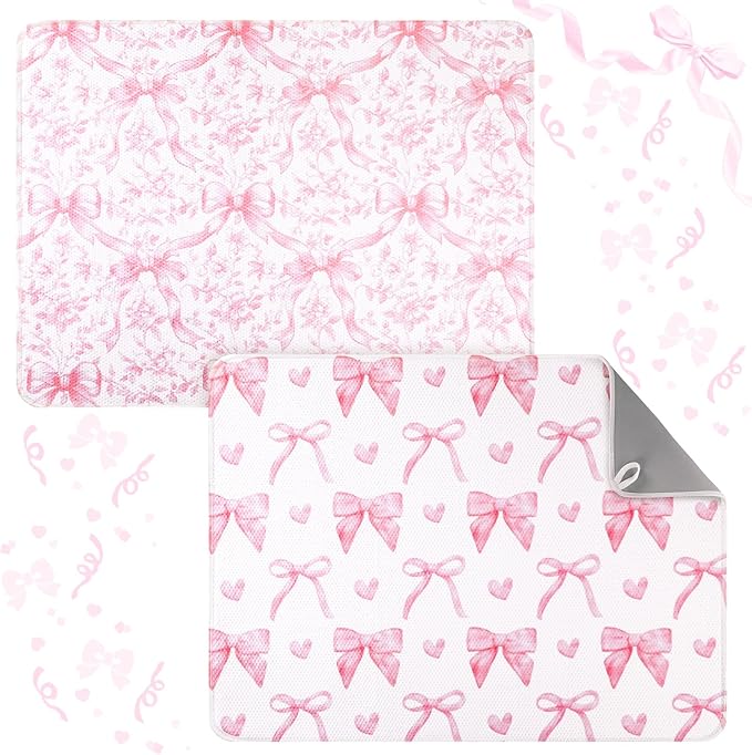 2 Pcs Large Coquette Pink Bow Dish Drying Mat Large for Kitchen, 18 X 24 Inch Bow Absorbent Microfiber Coffee Bar Pad for Women Counter Kitchen Home Accessories Party Gifts