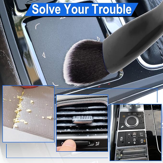 Double Head Brush for Car Clean, 2 in 1 Car Detailing Brush, Double Ended Portable Dust Brush with 2 Cleaning Cloth, Universal Dust Removal Brush for Air Conditioner Outlets, Dashboard Screen (Black)