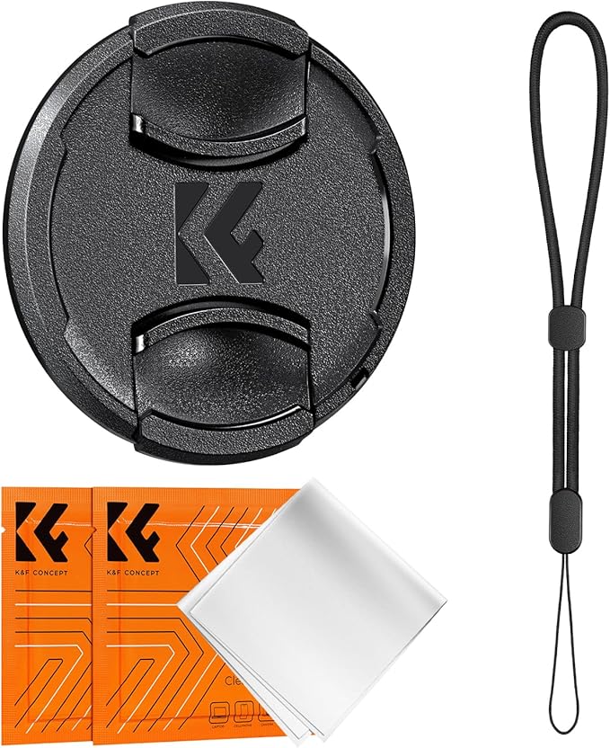 K&F CONCEPT 67mm Lens Cap Cover, 4-in-1 Center Pinch Lens Cover Black Anti-Loss Keeper Leash Microfiber Cleaning Cloth Kits Compatible with Nikon, Canon, Sony, Fujifilm Camera Lenses