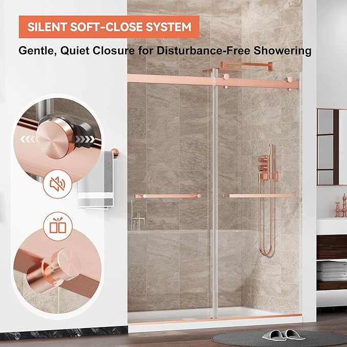 56"-59" W x 75" H Frameless Shower Door, Double Sliding Shower Door,5/16"(8mm) Clear Tempered Glass,Silent Soft-Close Design,Brushed Rose Gold
