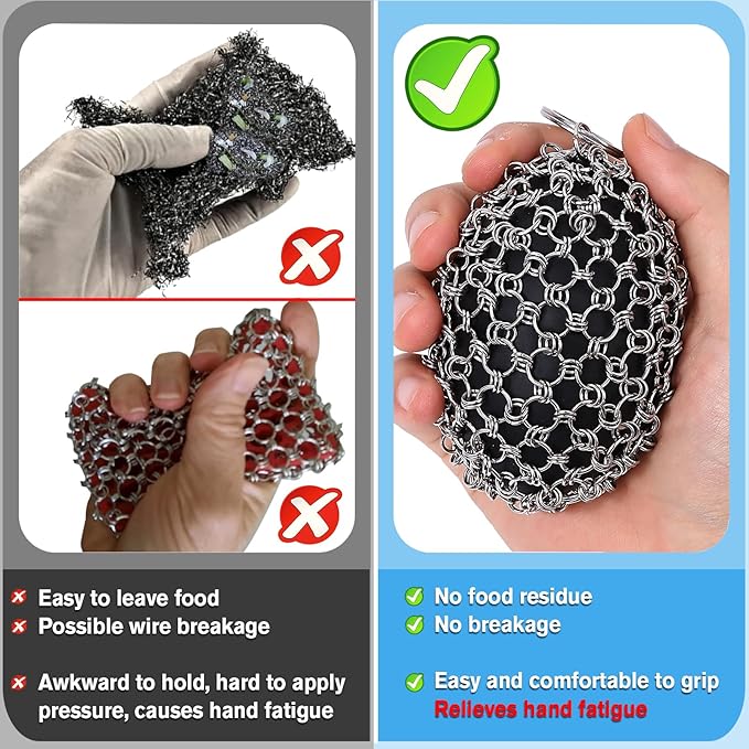Cast Iron Scrubber & Scraper Set with Hook - Ergonomic 316 Chainmail Scrubber for Cast Iron Skillets, Dutch Oven, Baking Sheet, Crock Pot, Grills & More - Black Double Ring