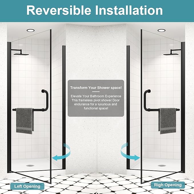 Frameless Pivot Shower Door 24"-26" Wx72 H,1/4"(6mm) Clear Nano Coated (SGCC) Tempered Glass,Reversible Swing Shower Door for Walk-in Shower,Modern Matte Black Finish
