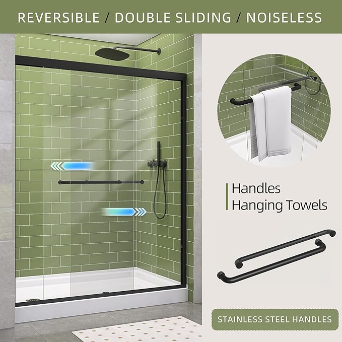 GETPRO Sliding Shower Door 44-48 in. W x 72 in. H Semi-Frameless Bypasss Double Sliding Glass Shower Doors,1/4 inch Clear Tempered Glass Door for Walk-in Shower Matte Black