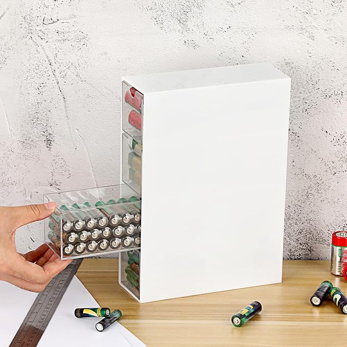 BTSKY 1 Pack White Acrylic Battery Storage Organizer for AA, AAA, 9V, C Batteries, 4-Drawer Storage Box Battery Holder Organizer for Common Types Batteries, Household Container(Batteries Not Included)