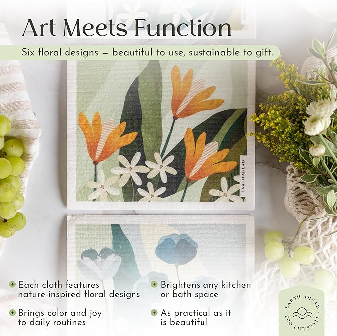 Swedish Dishcloths – Wildflower Garden Floral Designs – Reusable Compostable Cellulose Sponge Cloth – Eco-Friendly Paper Towel Alternative 3 Pack
