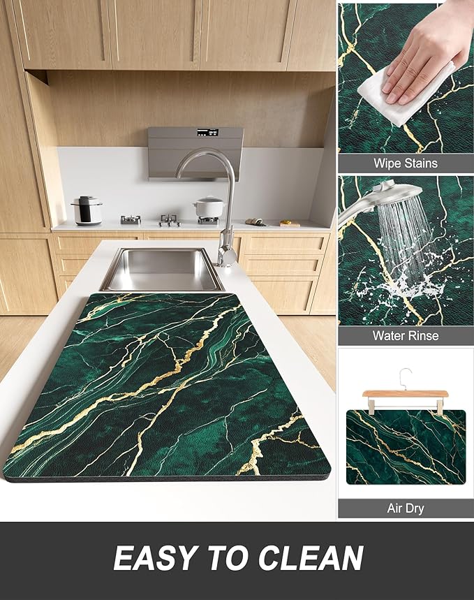 Rnivvi Dish Drying Mat for Kitchen Counter, XL 15 x 24" Cute Marble Absorbent Draining Pad, Non-Slip Heat Resistant Coffee Bar Mats for Coffee Machine Station Accessories, Green Gold Dish Rack Pad