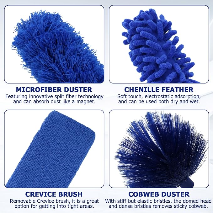 Ceiling Fan Cleaner Duster Set, Dusters with Extension Pole Reusable, Microfiber Ceiling Fan Blade Cleaner, Suitable for Cleaning Wall Blinds Door Furniture Bookshelves (Blue)