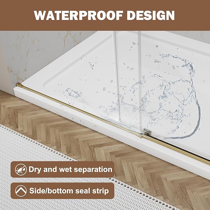 Frameless Sliding Shower Door 56–60" W x 76" H, 5/16" Tempered Glass with Dual-Sided Easy to Clean Coating, Shower Glass Door with SUS304 Stainless Steel Hardware & 20" Towel Rack, Brushed Gold