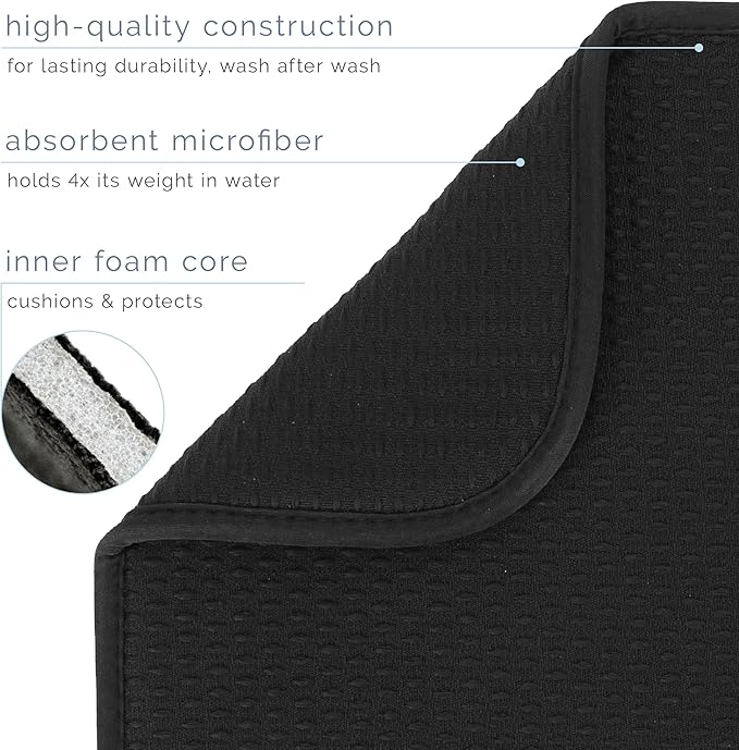 S&T INC. Dish Drying Mat, 16” x 18”, Absorbent Microfiber Kitchen Counter Mat, Drying Pad for Dishes, Utensils, Pots and Pans, Large, Diamond Texture, Black