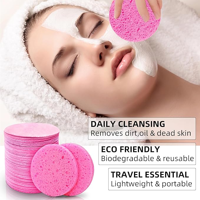 60-Count Compressed Facial Sponges 100% Natural Cellulose Cosmetic Spa Sponges for Daily Facial Cleansing Makeup and Mask Removal Pore Exfoliation (Pink)