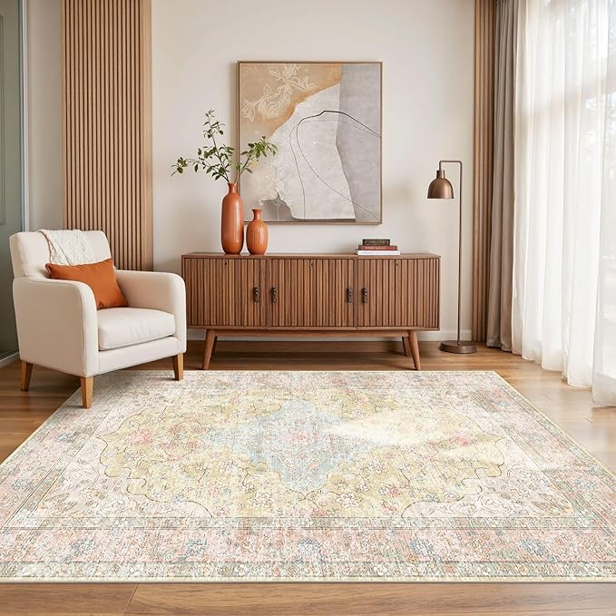 4x6 Area Rugs for Living Room, Bedroom, Small Washable Orange Rugs, Entryway Non Slip Rug, Neutral Floral Vintage Boho Soft Indoor Carpet for Nursery, Bathroom, Office