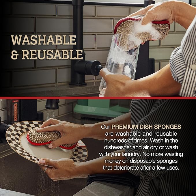 CAMPANELLI Premium Dual-Sided Dish Sponge | Chenille Microfiber & DiamondFiber Scrubber, Washable Reusable Sponges for Dishes Pots & Pans, Ergonomic Grip | 3 Pack - Taupe Gray Red