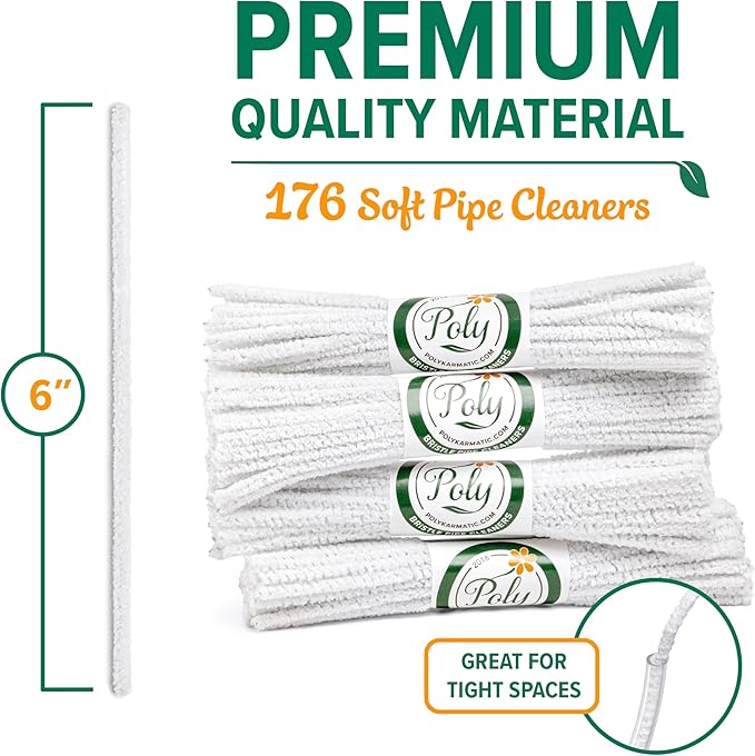 176 Count Bulk Soft Bristle Pipe Cleaners Chenille in White - Cotton with Steel Wire - Crafts Project