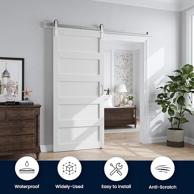 SmartStandard 36x96 inch White Barn Door with 6.6FT Brushed Nickel Sliding Door Hardware Track Kit Included, Solid MDF Slab, Waterproof PVC Surface, 5-Panel, Suitable for Openings up to 34in x 94in