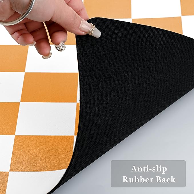 Checkered Dish Drying Mat for Kitchen Counter, Coffee Bar Station Accessories, Retro Cute Fall Aesthetic Modern Absorbent Drainer Mat Kitchen Drying Mat Easy Clean, Orange 12" x 19"