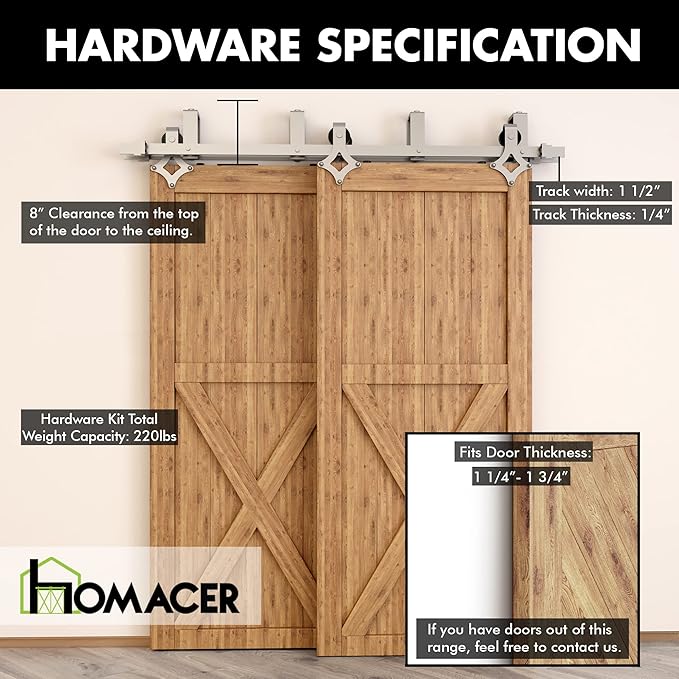 Homacer Brushed Nickel Double Track U-Shape Bypass Sliding Barn Door Hardware Kit, for Two/Double Doors, 9ft Long Flat Track, Diamond Design Roller