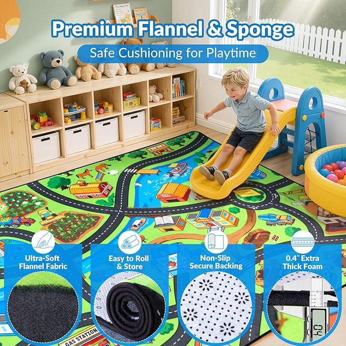 Kids Rug, 6x9 Ft City Farm Play Rug for Children, Extra Thick (0.4in) Car Carpet Play Mat with Bright Colors, Soft & Non-Slip Toy Car Mats with Roads for Kids Room, Playroom and Nursery