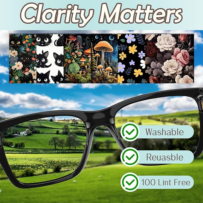 6 PCS Glasses Cleaning Cloth Eyeglass Lens Microfiber Cleaning Cloth Reusable Phone Screens Camera Cute Aesthetic Women Girls(6.3"x6.3")-Black