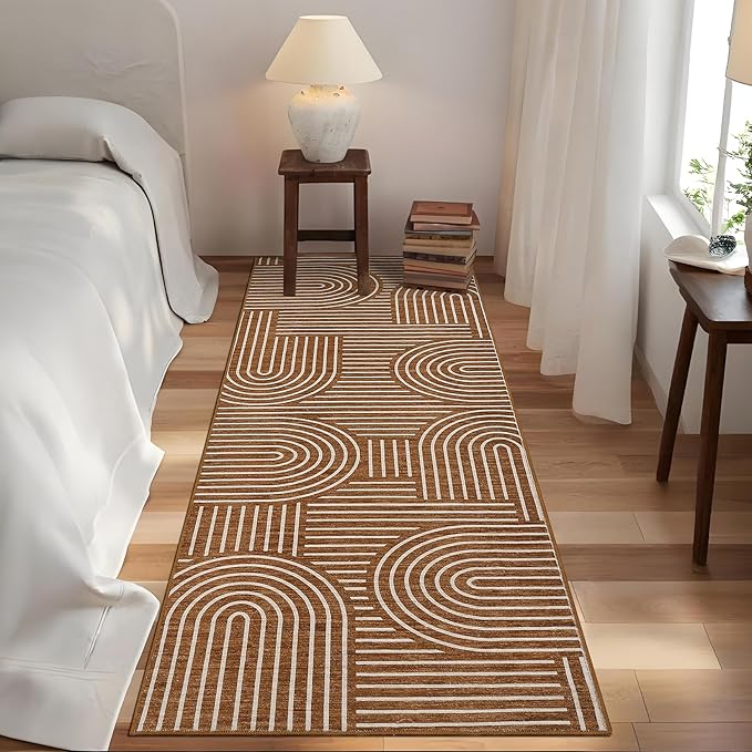 Modern Rug 2.5x10 Runners for Hallways, Abstract Kitchen Runner Rugs Non Slip Bath Mat, Rainbow Washable Runner Rug for Bedroom, Soft Long Rugs for Entryway Bathroom Laundry Dorm, Copper