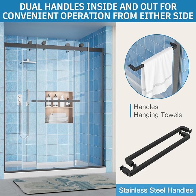 Frameless Shower Door, 56-60" W x 72" H Double Sliding Shower Doors, 1/4" (6mm) Thick Tempered Clear Glass Door with Explosion-Proof Film Nano Coating, Stainless Steel Hardware, Matte Black