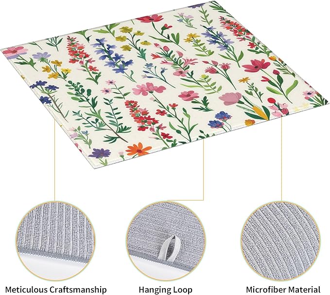Watercolor Wildflower Dish Drying Mat for Kitchen Counter, 16"x18" Microfiber Absorbent Fast Dry Mat, 2Pcs Dish Mat Faucet Mats Sets, Large Drying Kitchen Mat Kitchen Drying Pad Coffee Bar Decor Gifts