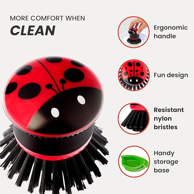 Vigar Ladybug Palm Dish Scrub Brush with Holder, Perfect Kitchen Brushes for Dishes, Sink Brush and Cleaning Brushes for Household Use, Red, Green