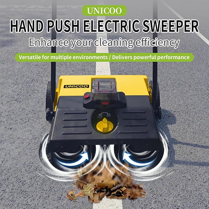 UNICOO® Electric Hand Push Floor Sweeper – Battery Powered Walk-Behind Sweeper with Dual Brush Rollers, 23" Sweeping Width & 6.6 Gallon Waste Bin – Indoor/Outdoor Push Sweeper (Yellow)
