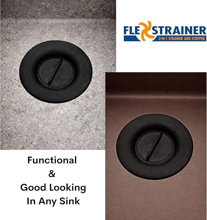 Flex Strainer® Sink Drain Strainer with Optional Stopper – No Center Stem, Fits Standard 3½” Sink Drains & Disposals – Easy Clean, Dishwasher Safe – Made in USA – Black, 2-Pack