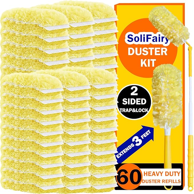 60 Heavy Duty Duster Refills for Swiffer Duster, 3 ft Extendable Handle + 1 Short Handle, Multisurface 360 Dusters kit for Dusting Furniture, Ceiling Fans, Blinds, Corners, Yellow