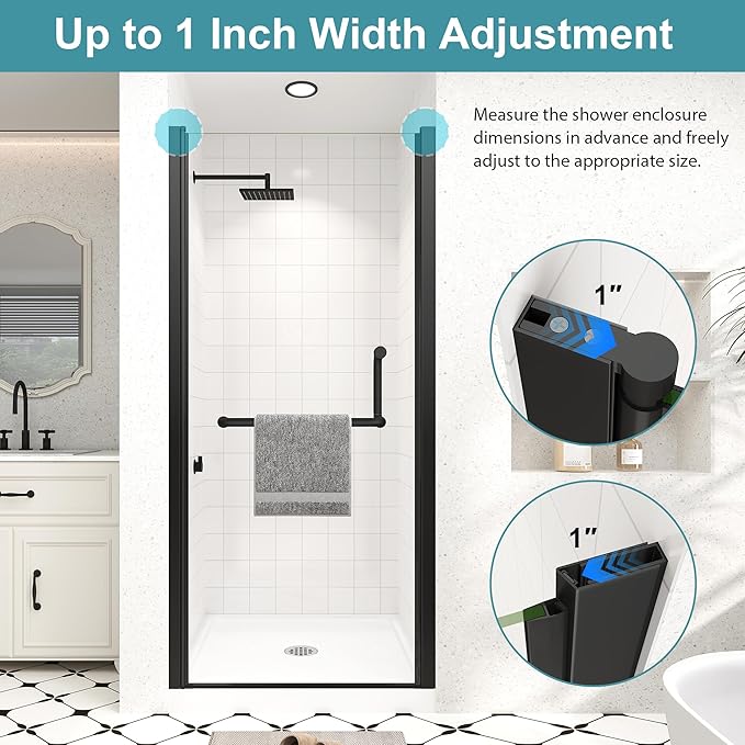 Frameless Pivot Shower Door 24"-26" Wx72 H,1/4"(6mm) Clear Nano Coated (SGCC) Tempered Glass,Reversible Swing Shower Door for Walk-in Shower,Modern Matte Black Finish